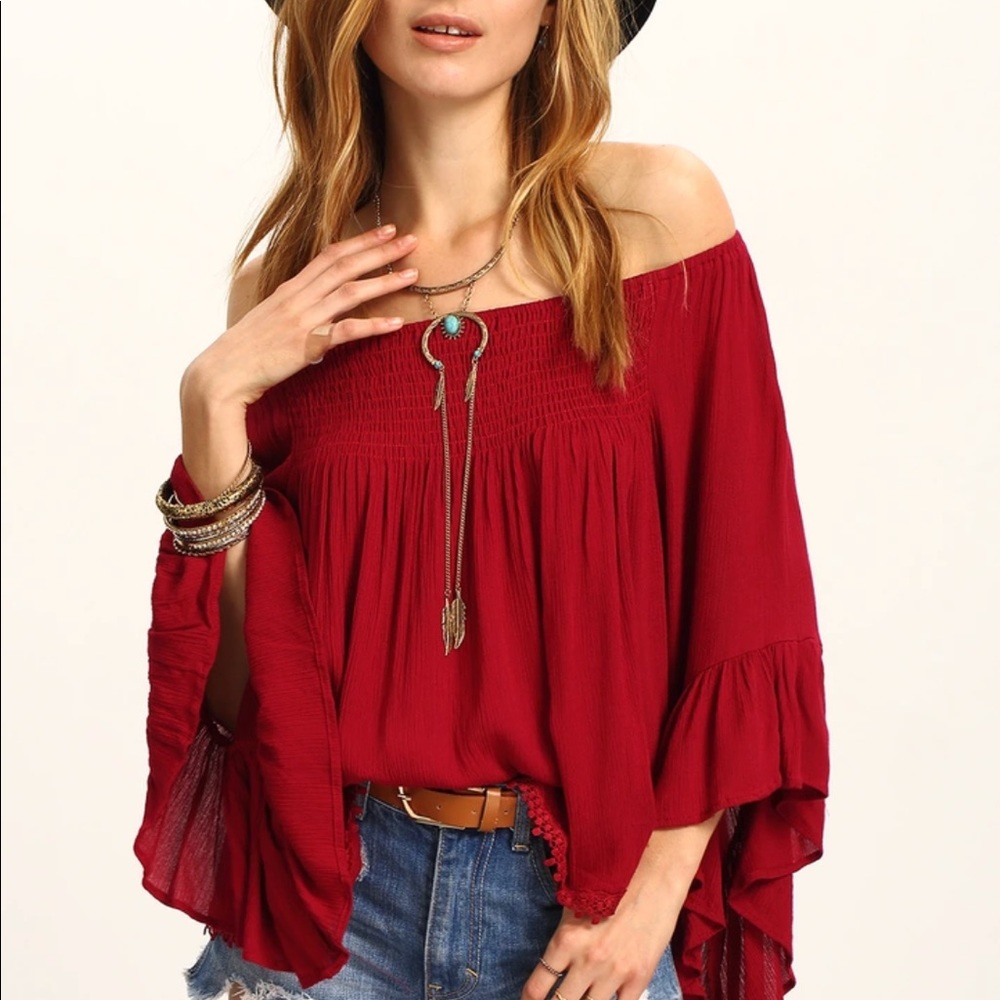 Bohemian off shoulder red chiffon blouse top - Picture 2 of 5